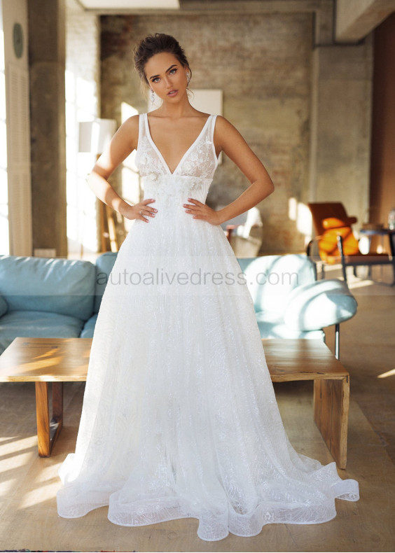 White Sequined Lace 3D Flowers Wedding Dress